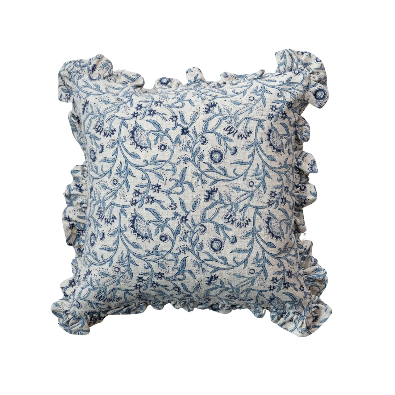 Hello Honey® 18" Blue & White Floral Accent Pillow with Ruffled Edges